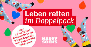 Leben retten im Doppelpack: Zum Jahresstart zu zweit zur Blutspende und exklusive Happy Socks im DRK-Design dafür bekommen.